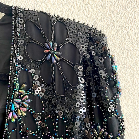 VINTAGE DESIGNER SKC 100% Silk Sequin & Beaded Floral Puff Crop Jacket GATSBY - Picture 7 of 10